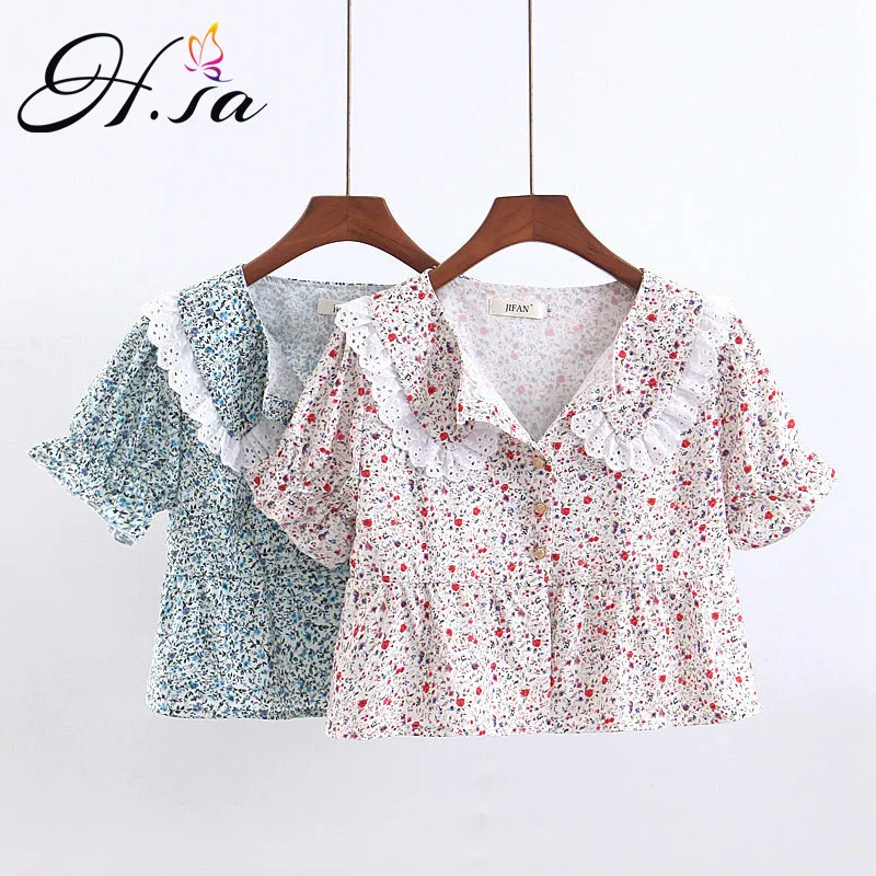 

H.SA Korean Style Women Floral Blouses Sweet Neck Ruffles Short Blusa and Tops Button Up Summer Blouses Shirts