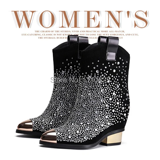 

Free shipping autumn and winter fashion leather increased in Martin boots, Tip sleeve Diamond Black Mid-Calf women's Boots