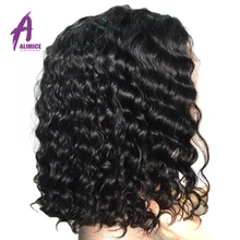 Перуанские глубокие волны боб парик Короткие 13x4 кружева фронта человеческих волос парики предварительно сорванные короткие волосы боб парики для черных женщин алимис 150
