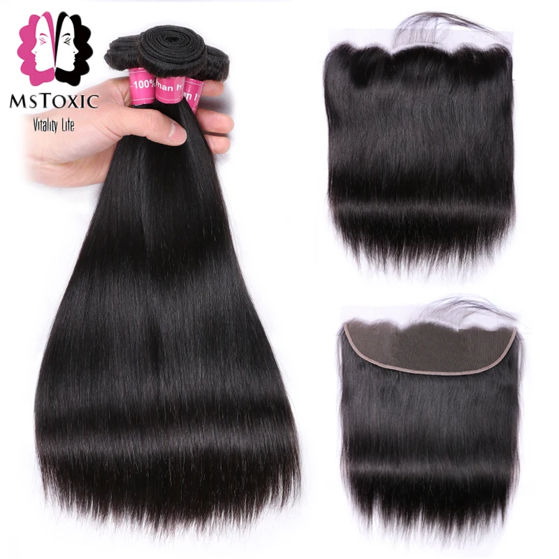 

MSTOXIC Peruvian Straight Hair Bundles With Frontal Non-Remy Human Hair Bundles With Closure Lace Frontal Closure With Bundles