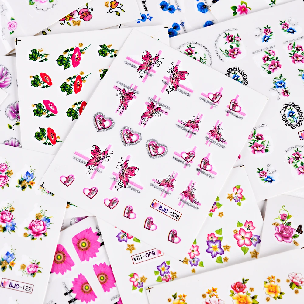 55 шт смешанные наклейки для ногтей Цветочный узор переводные наклейки на ногти с блестящими блестками маникюр декор для ногтей LABJC55