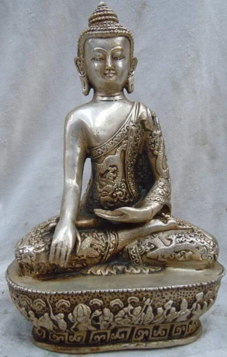 

8 Inch China silver carved finely dragon Buddha Sakyamuni Sculpture statue