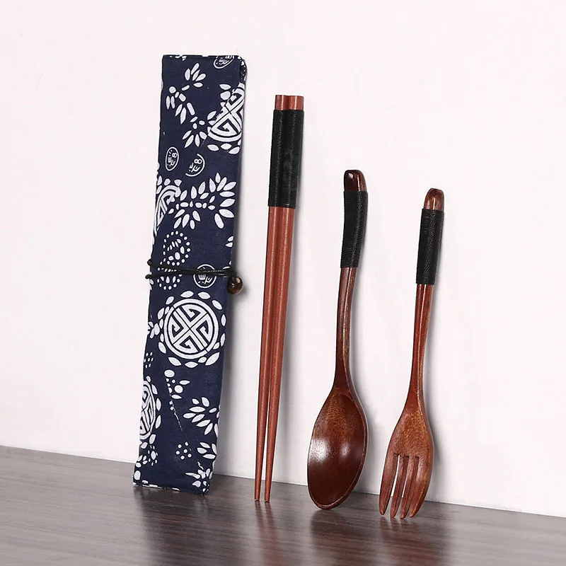 

3pcs Japanese Wooden Chopsticks Spoon Fork Cutlery Set Travel Dinner Set with Storage Bag Flatware for Picnic Small Gift