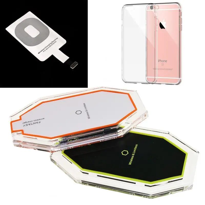 New 3 Induction Coil Qi Wireless Charger Charging Pad with Receiver for iPhone 5 5S 6 6S 6 Plus + Clear Soft TPU Case