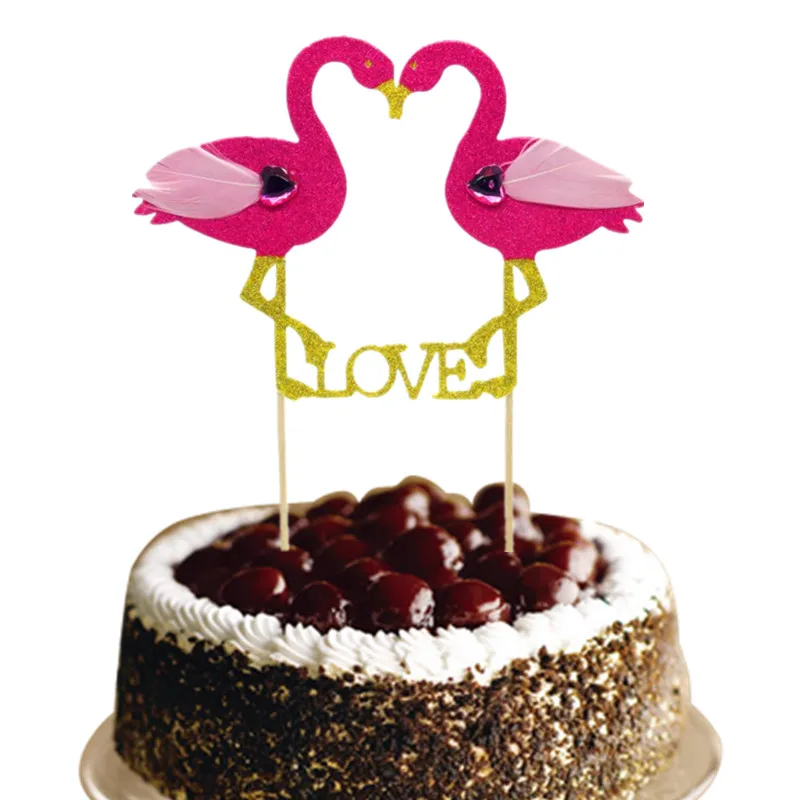 1pc Love Birds Cupcake Flags Feather Crystal Flamingo Cake Topper For Wedding Birthday Party Cake Baking Decoration