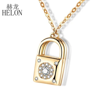 

HELON Three Style Solid 18K Yellow Gold 100% Genuine Natural Diamonds Lock Heart Chain Pendant Engagement Wedding Women Jewelry
