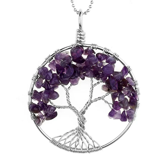 Ayliss ручной работы Wire wrap Tree of Life драгоценные камни чип дерево Подвеска для изготовления для ожерелья DIY Фиолетовый/кристалл/оливковый/зеленый авантюрин 47 мм - Окраска металла: 1pc Amethyst