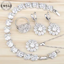 Набор ювелирных изделий из чистого серебра 925 пробы с белым цирконием, женские браслеты, кулон и ожерелье, серьги, кольца с камнями, Ювелирная Подарочная коробка