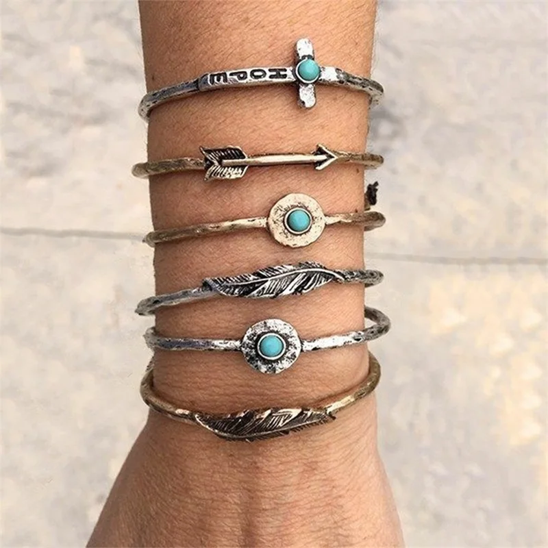 

6 Style Retro Bohemian Women Gem Leaves Cross Arrow Round Gold Silver Open Bracelet Set Fashion Clothing Jewelry Accessories