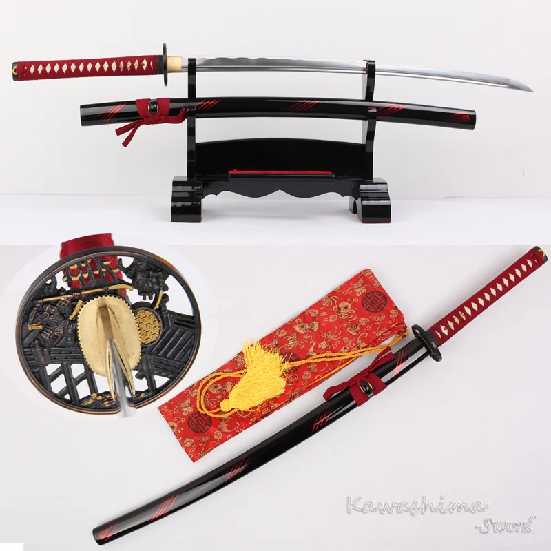 

Handmade Japanese Katana Real Sword 1060 High Carbon Steel Full Tang Sharpness Ready For Cutting Mat Straw-Red Line Scabbard