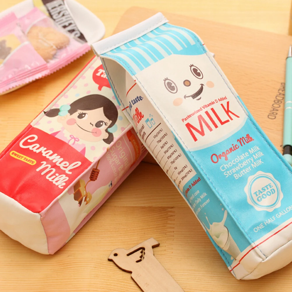 1 قطع جديد محاكاة الحليب مربع بو الجلود ماكياج التجميل حقيبة الحقيبة القرطاسية حقيبة التخزين المنظم قلم مشروعان papelaria