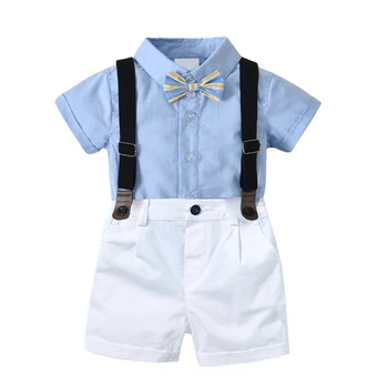 

6-24M Clothing for Boys Baby Bow Formal Set Summer British style Baby Clothes Set Blue Shirt Top+Suspender Pants Outfits