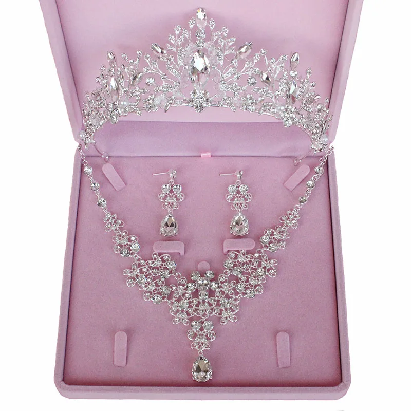 

Luxury Rhinestone Crown Necklace Clip/Drop Earrings Sets For Bridal Wedding Hair Jewelry Accessory Handmade Crystal Tiaras S1011