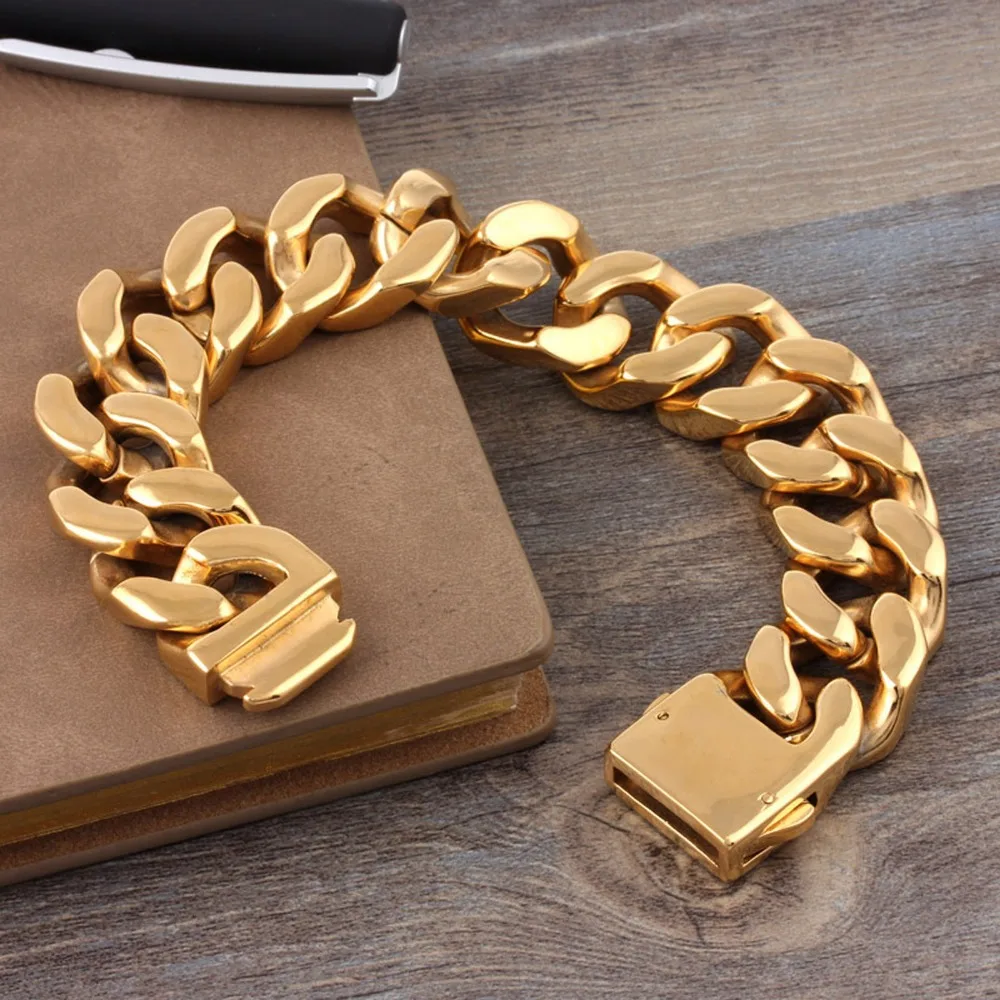 

Men Jewelry Gold Stainless Steel Bracelet Bangle Heavy Metal Cuban Curb Link Chain Bracelet