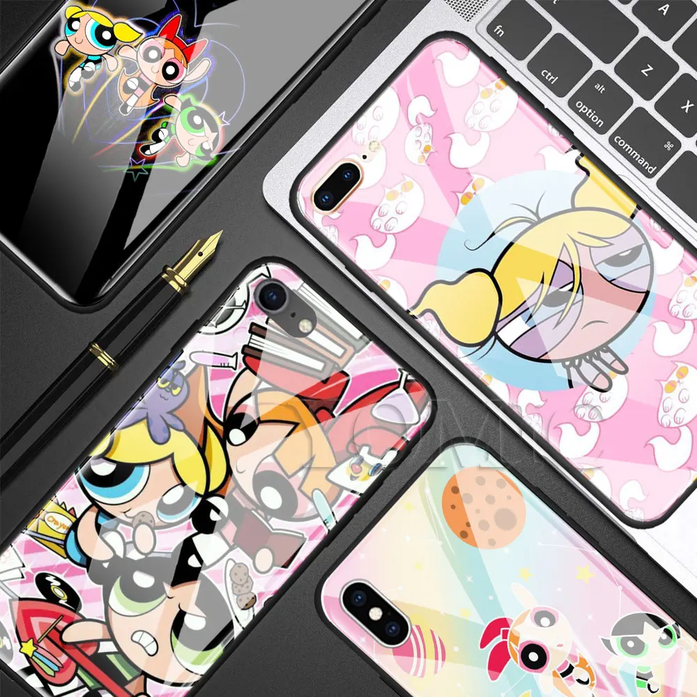

Tempered Glass Phone Case for iPhone X XR XS MAX 7 8 Plus 6 6s Plus Cover Powerpuff Girls Luxury Case