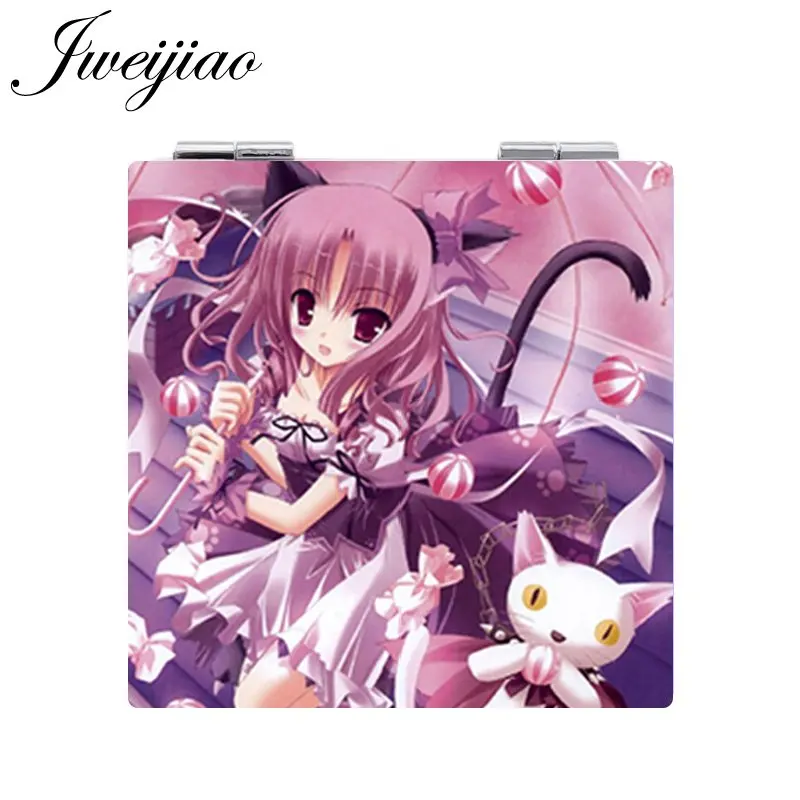 

JWEIJIAO Cartoon Photo PU Leather Square Makeup Mirror Girl's Compact Folding Portable Pocket Mirror espejo