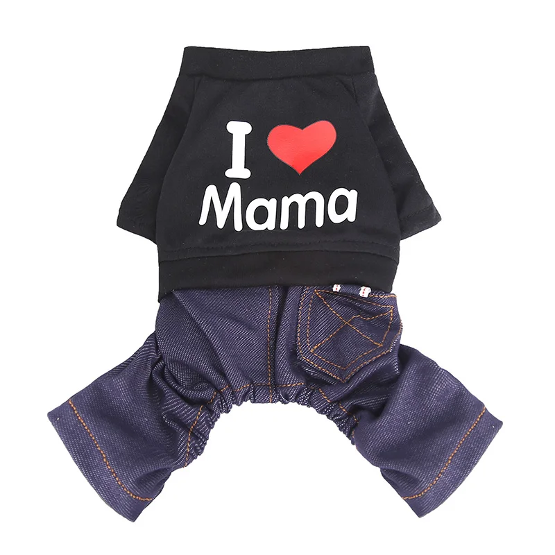 I LOVE MAMA I LOVE MAMA Pet Одежда для собак и кошек зимние комбинезоны для девочек пижамы джинсы комбинезон брюки куртка Йорк одежда маленьких Средн - Цвет: I LOVE MAMA