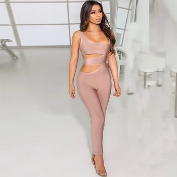 

2019 new Women's bandage jumpsuit one shoulder sleeveless hollow bodycon jumpsuit sexy club celebrity party jumpsuit