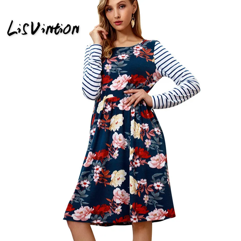 

Spring Autumn Patchwork Floral Printed Dress Women Casual Long Sleeve A-Line Dress