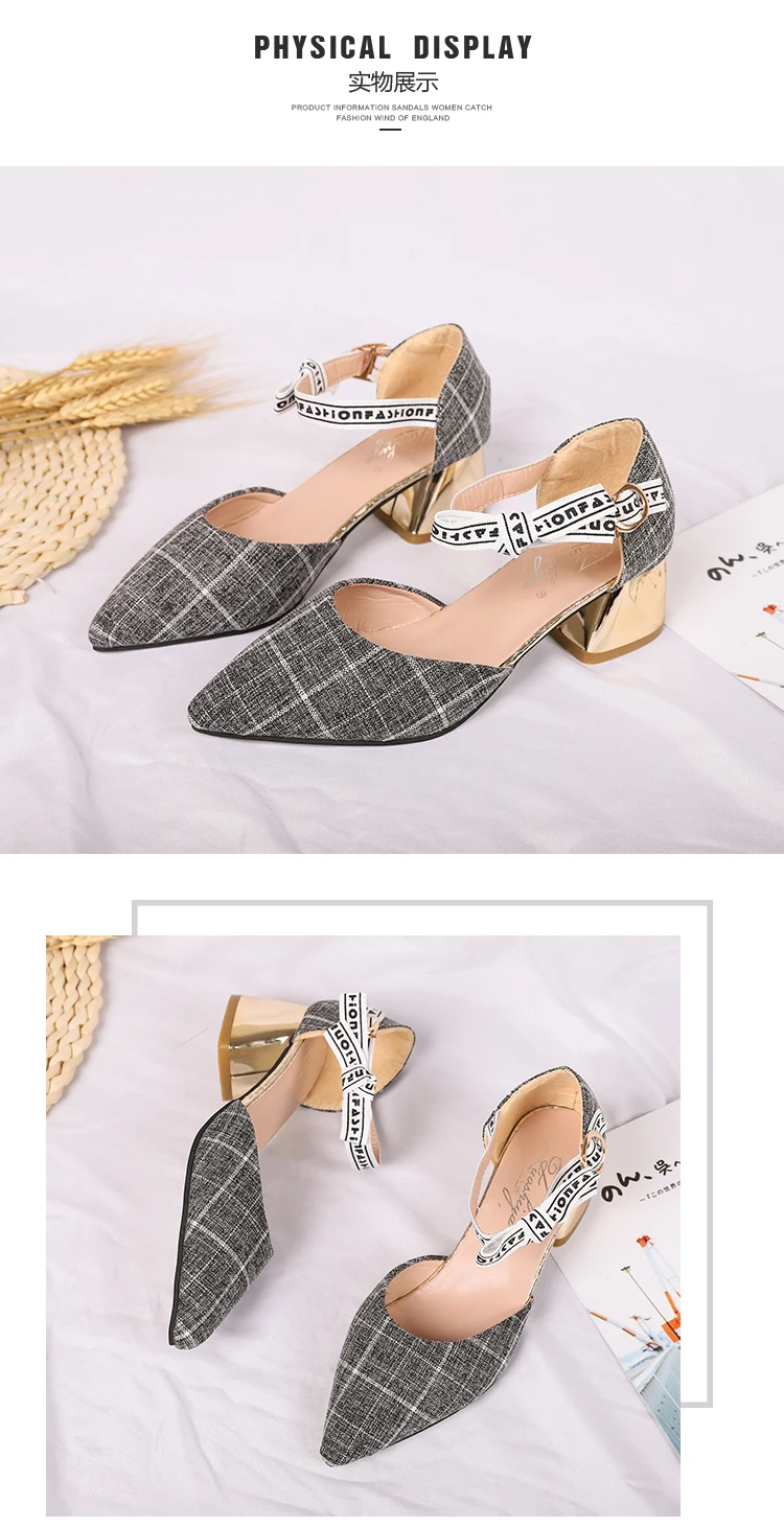 Женские босоножки в клетку; простые туфли на квадратном каблуке в стиле ретро; универсальная элегантная женская обувь в Корейском стиле с пряжкой; шикарная женская летняя обувь с острым носком