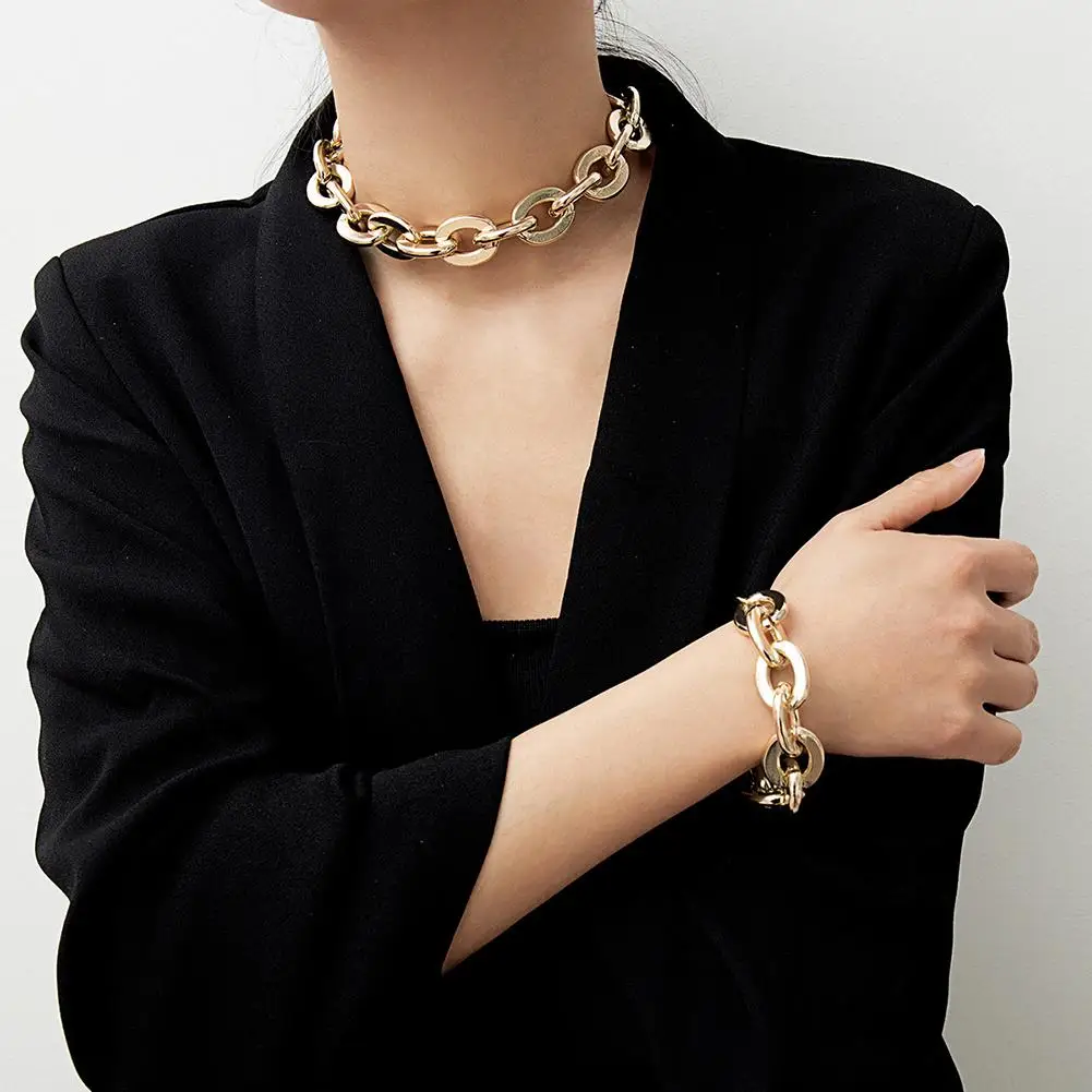 

Oval Women Punk Statement Cable Link Chain Bracelet Choker Clavicle Necklace Jewelry Set for Female Simple Ornament hot