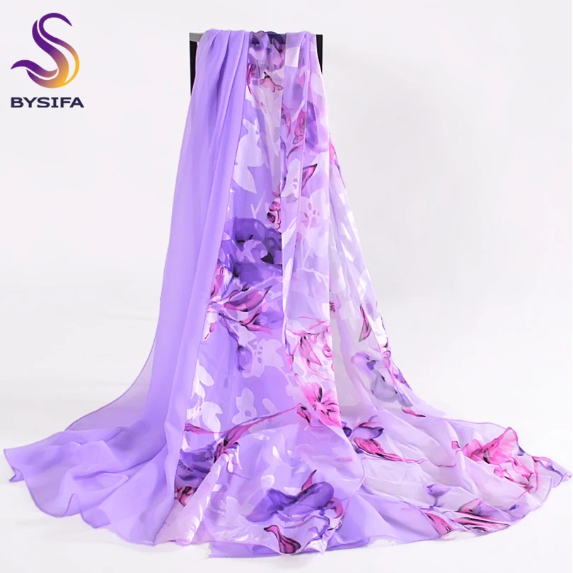 

[BYSIFA] Purple Silk Scarf Cape Ladies Autumn Winter Chiffon Patchwork Floral Long Scarves Summer Women Beach Shawl 180*80cm