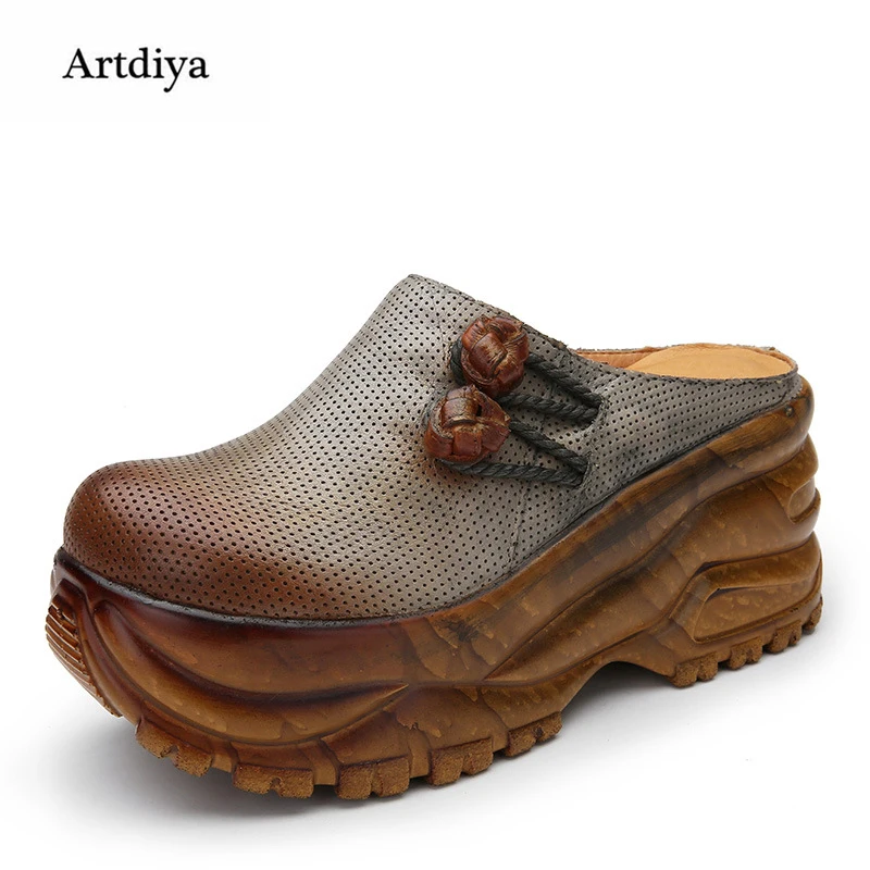 

Artdiya 2018 Spring and Summer High Heels Slippers Genuine Leather Thick Sole Water-proof Platform Slope Women Sandals F689-608