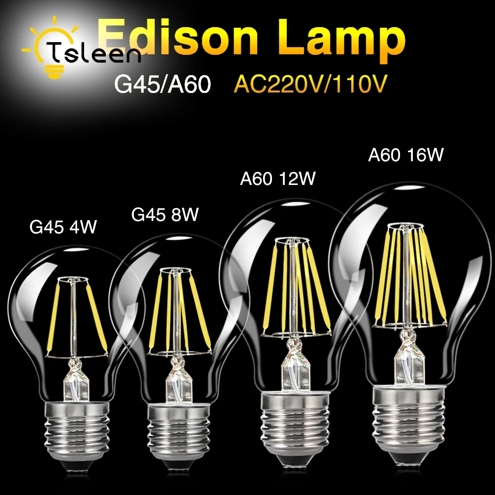 

TSLEEN Cheap! 1PC E27 Edison Retro Filament COB LED Bulb 4W 8W 16W Vintage Round Light G45 A60 Lamp 110V 220V Lampada Led White