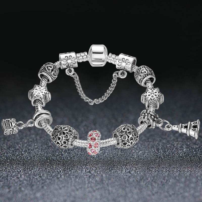 ELESHE Locket Key & Eiffel Tower Silver Charm Bracelets & Bangles Rhinestone Beads Bracelets For Women Christmas Gift