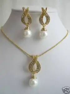 

Beautiful Woman's jewelry Junoesque Stylish 12MM big white south sea shell pearl gold gild cz setLuxury Girls Wedding