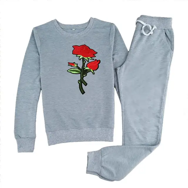 Autumn Winter Two-piece Tracksuit Jogging Suits For Women Sport Suits With Rose Flower Embroidery Running Sweat Pants Sportswear