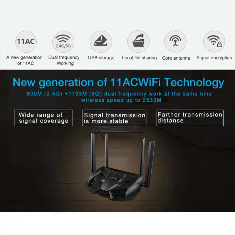 

Zapo 2.4G/5G Top Chip Ac 2600Mbps Wifi Router Wireless 16Mb Flash High Gain Antenna Usb Storage Repeater Long Distance(Eu Plug