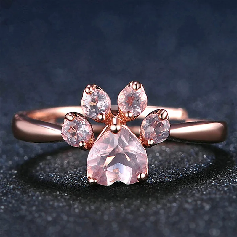 

Cute Bear Paw Cat Claw Ring Opening Adjustable Pink Crystal Rose Gold Rings for Women Romantic Wedding Love Gifts Jewelry