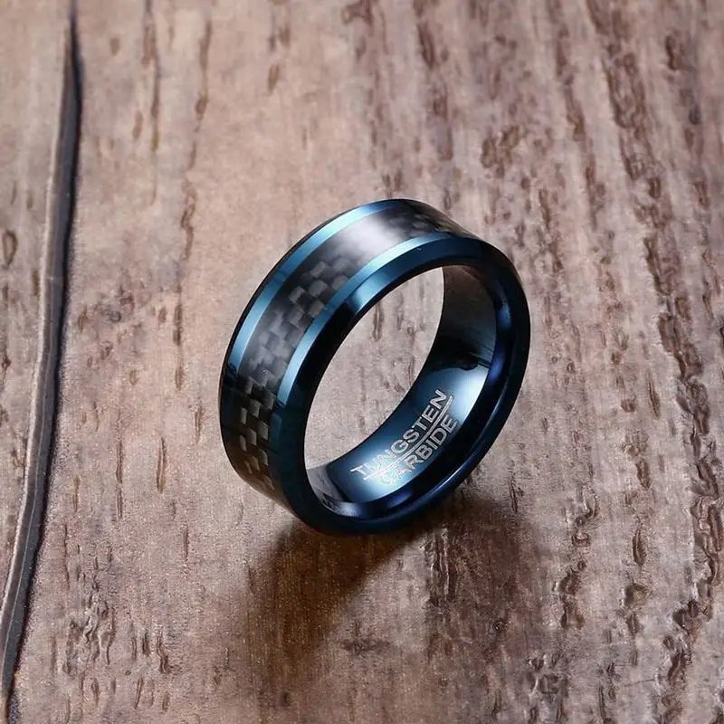 Meaeguet Trendy 8MM Blue Tungsten Carbide Ring For Men Jewelry Black Carbon Fiber Wedding Bands USA Size
