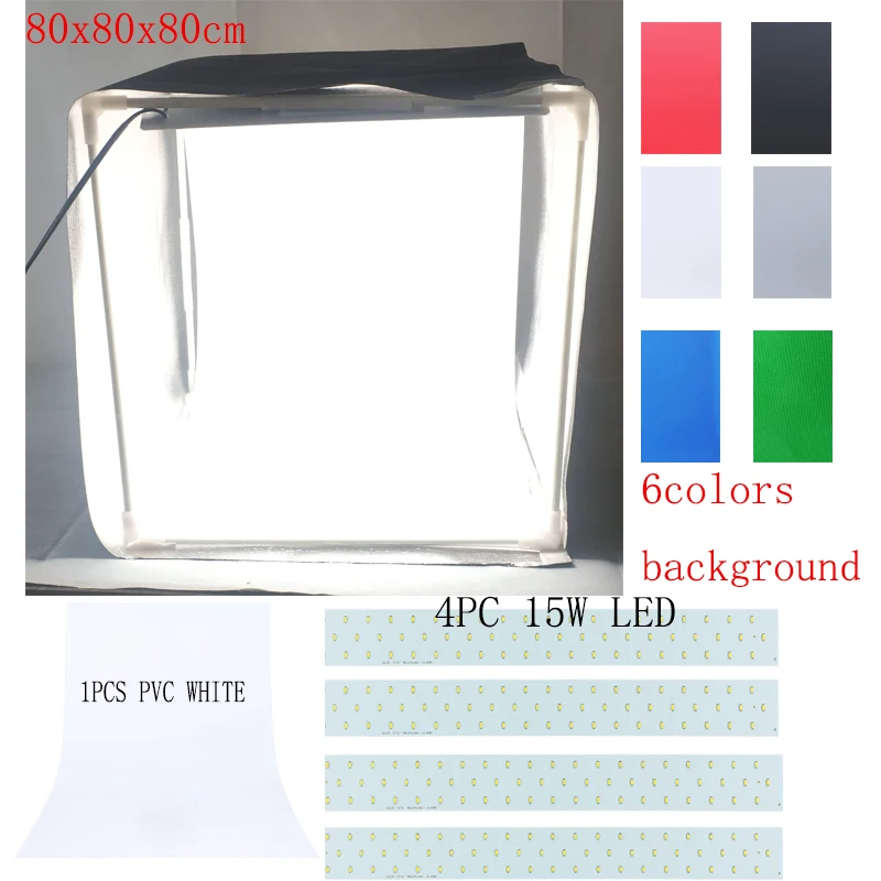 

80x80x80cm Tabletop shooting Photo Tent 4pcs 15w LED 6pieces Background White Pvc Background EU adaptor 100v-240v