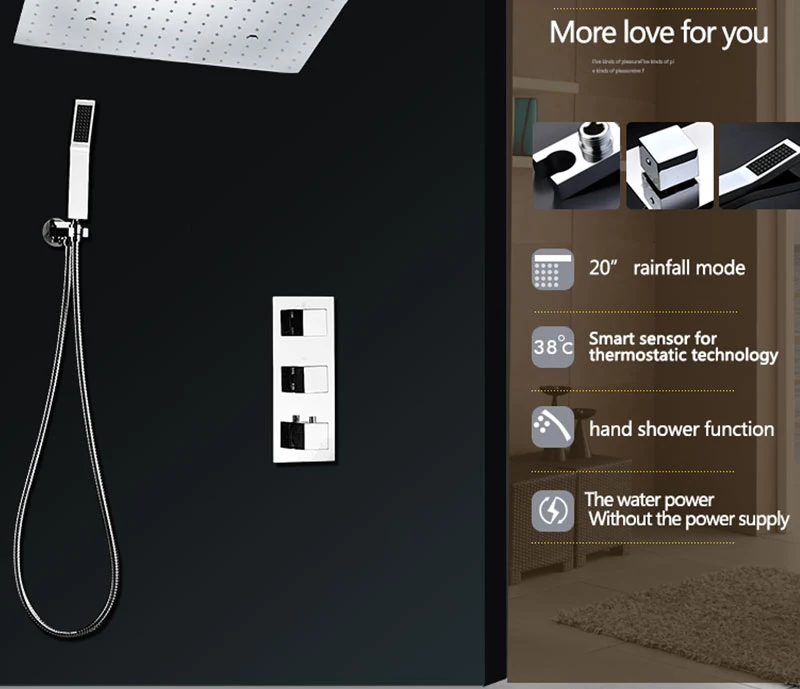 Large Ducha Shower System Thermostatic Mixer 20 Inch Led Mist Rain Shower 3 Ways Head Ceiling Shower Panel Handheld Shower Sets (12)