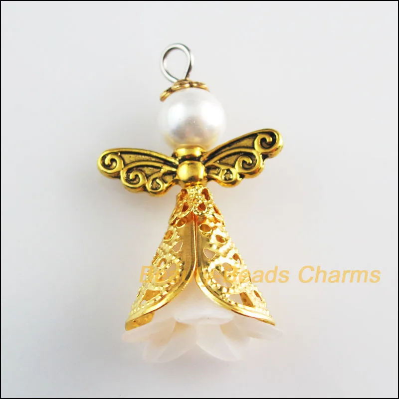 

New 4Pcs White Acrylic Angel Wings Antiqued Gold Tone Charms Pendants 22x37mm