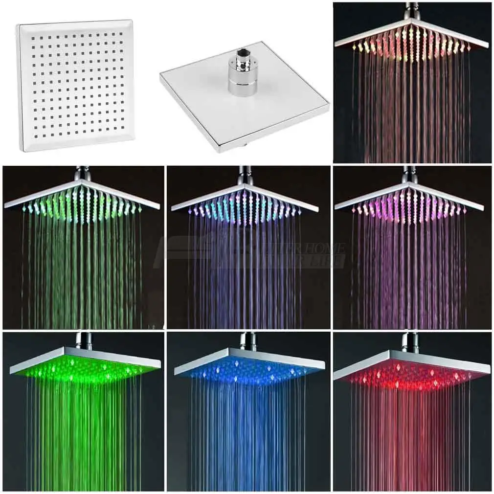 

7 Color Changing Rainfall Shower Head 8"Square Temperature Sensor LED Light Water Saving Bath Shower,Bathroom Product