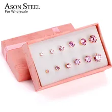ASON, стальные серьги-гвоздики для женщин, розовый цвет, Круглый AAA кристалл, 6 пар/кор., набор сережек, нержавеющая сталь, Mujer Bijoux, подарок для любви