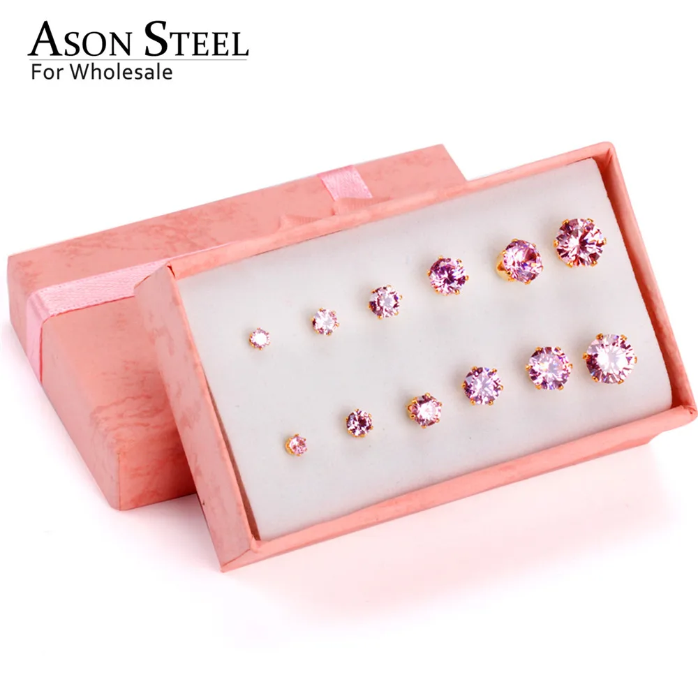 

ASONSTEEL Stud Earrings for Women Pink Color Round AAA Crystal 6pairs/box Earring Sets Stainless Steel Mujer Bijoux Love's Gift