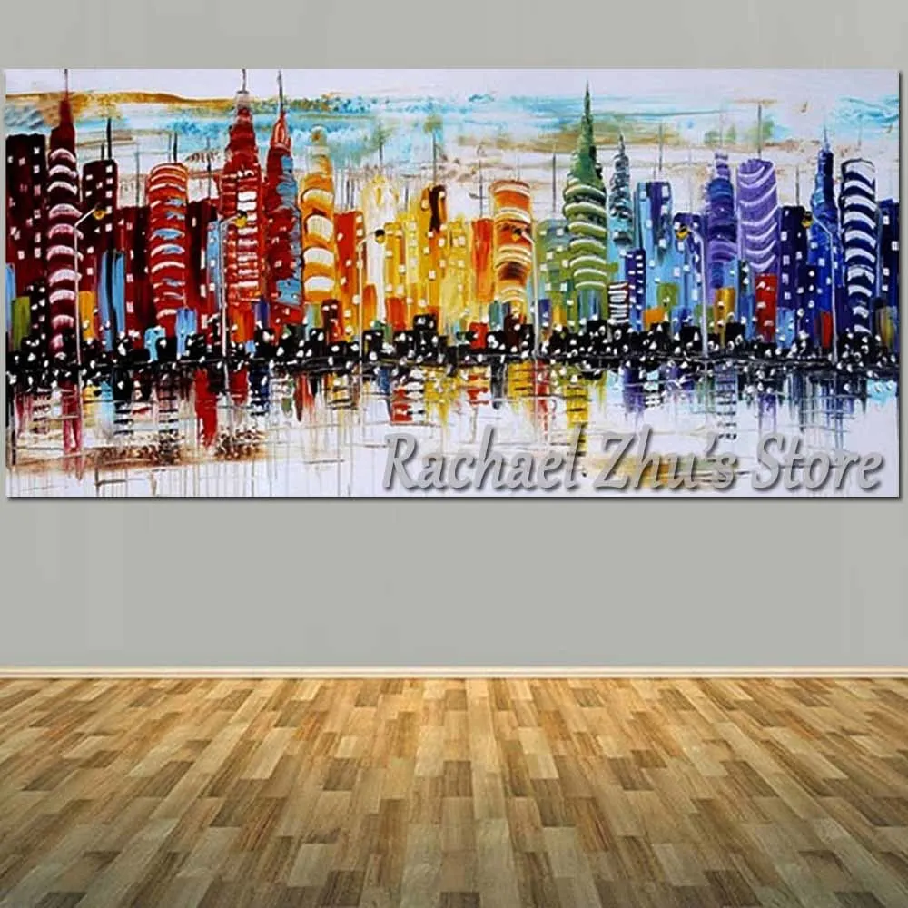 

Large Size Hand Painted Abstract Colorful Building Oil Painting On Canvas Wall Picture Living Room Bedroom Hotel Room Home Decor