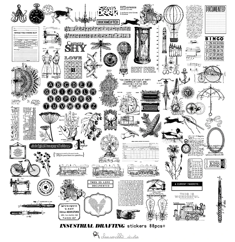 

KLJUYP 88pcs Vintage Mechanical Drawing Vellum Stickers for Scrapbooking Happy Planner/Card Making/Journaling Project