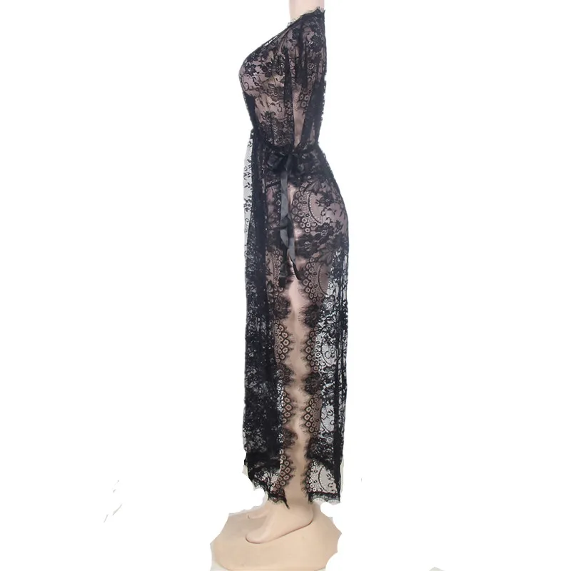Comeonlover длинные Глубокий V Для женщин Ночная рубашка черное кружевное платье Разделение экзотические платье женское белье сексуальная ночная рубашка Длинные пижамы RI80262