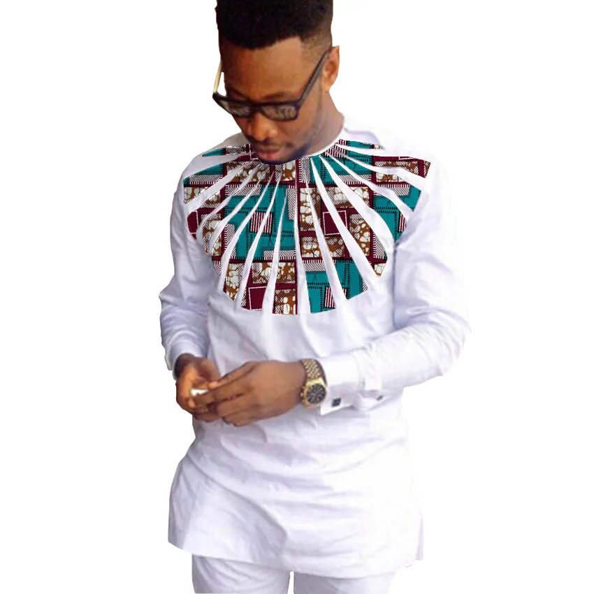Африканские модные рубашки для мужчин Анкара печать с длинным рукавом Дашики рубашки белый хлопок и воск лоскутное o-образным вырезом Топ Африки Одежда - Цвет: 4