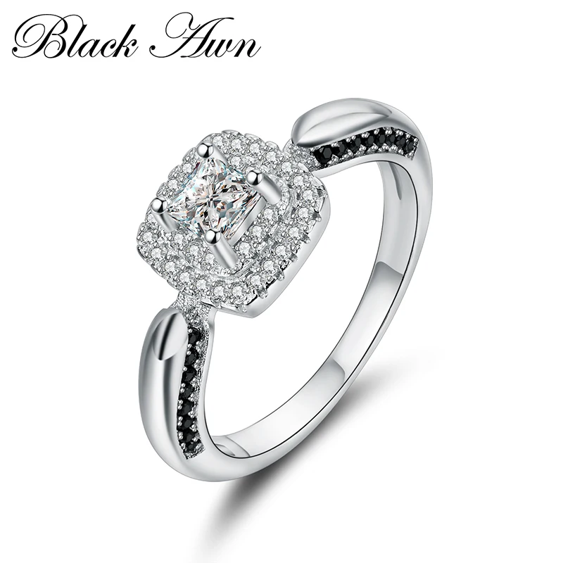 

[BLACK AWN] Genuine 100% 925 Sterling Silver Jewelry Black&White Stone Wedding Rings for Women C296