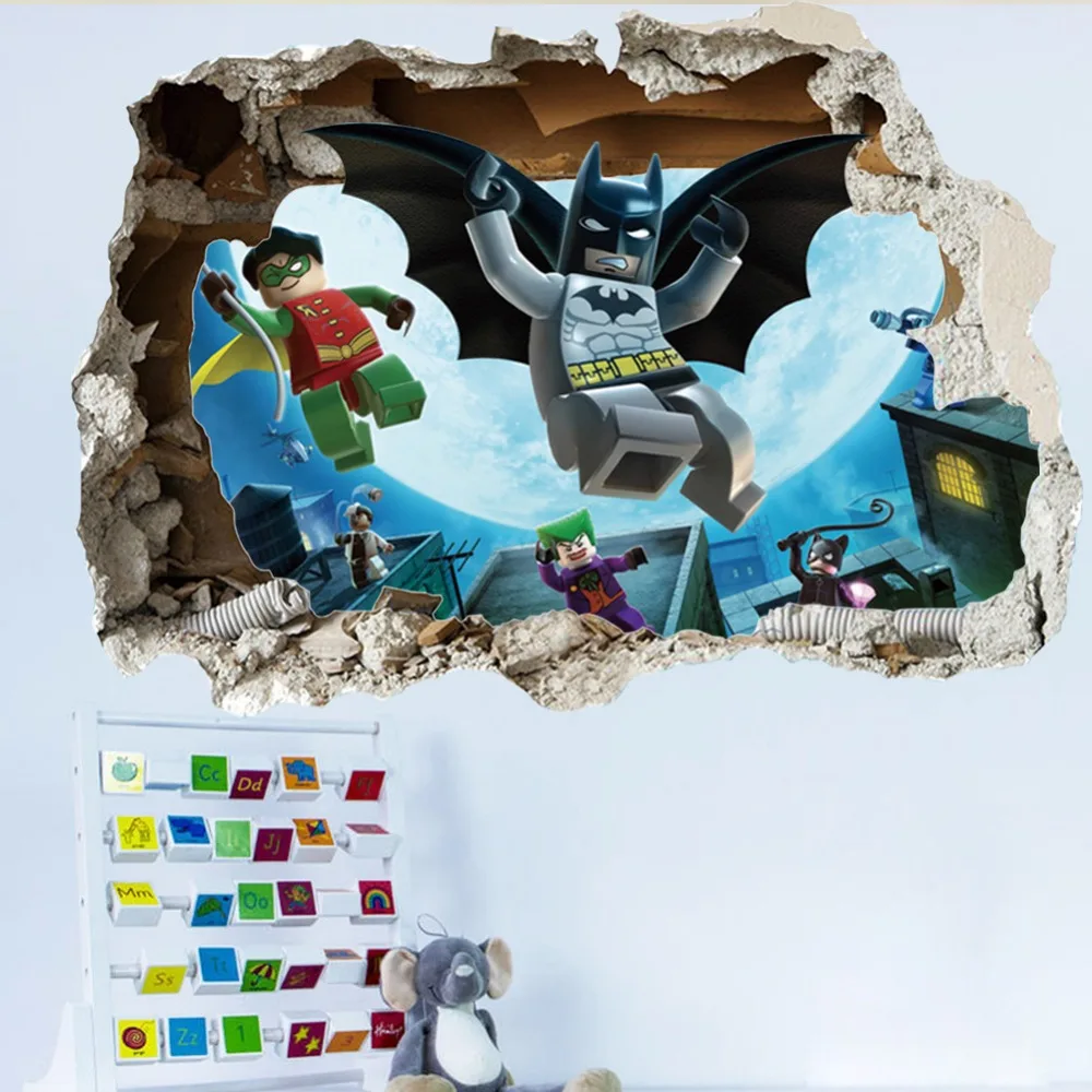 

2017 Lego Batman Superhero Broken Wall Sticker Children Room Decorative Movie 3d Mural Painting Art Cartoon Avengers Home Decal
