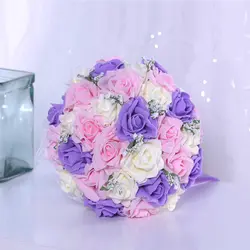Новый 25 см 2018 розового и фиолетового цветов розы цветы Ремни Свадебный букет для Свадебные украшения Букеты свадебные искусственные цветы