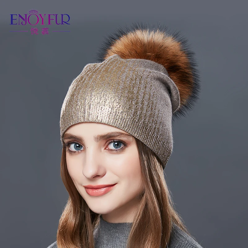 Enjoyfur Для женщин зимние Шапки для зимы Натуральный мех pom шапка вязаная толстые теплые модные шапочки женский Хорошее качество Hat