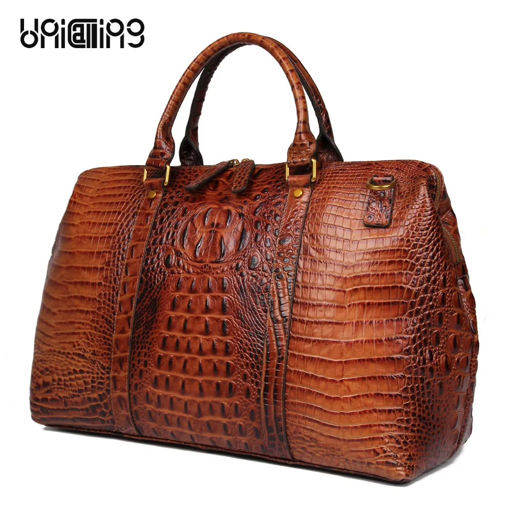 

UNICALLING Unisex luxury luggage bags genuine leather large capacity travel handbag can hold 15.6" laptop crocodile pattern