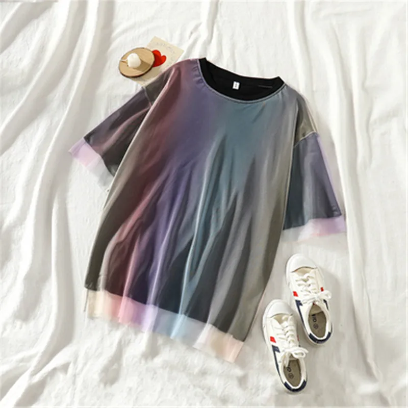 Mooirue, цветная градиентная футболка, женская,, летняя, сетка, пэчворк, Ретро стиль, уличная, Корейская, повседневная, с круглым вырезом, футболка, топы, женские рубашки - Цвет: Черный